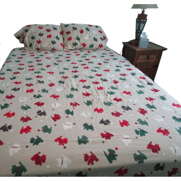 Martha Stewart Collection Queen Flannel Sheet Set Christmas Plaid Scotty Dog - Picture 1 of 16